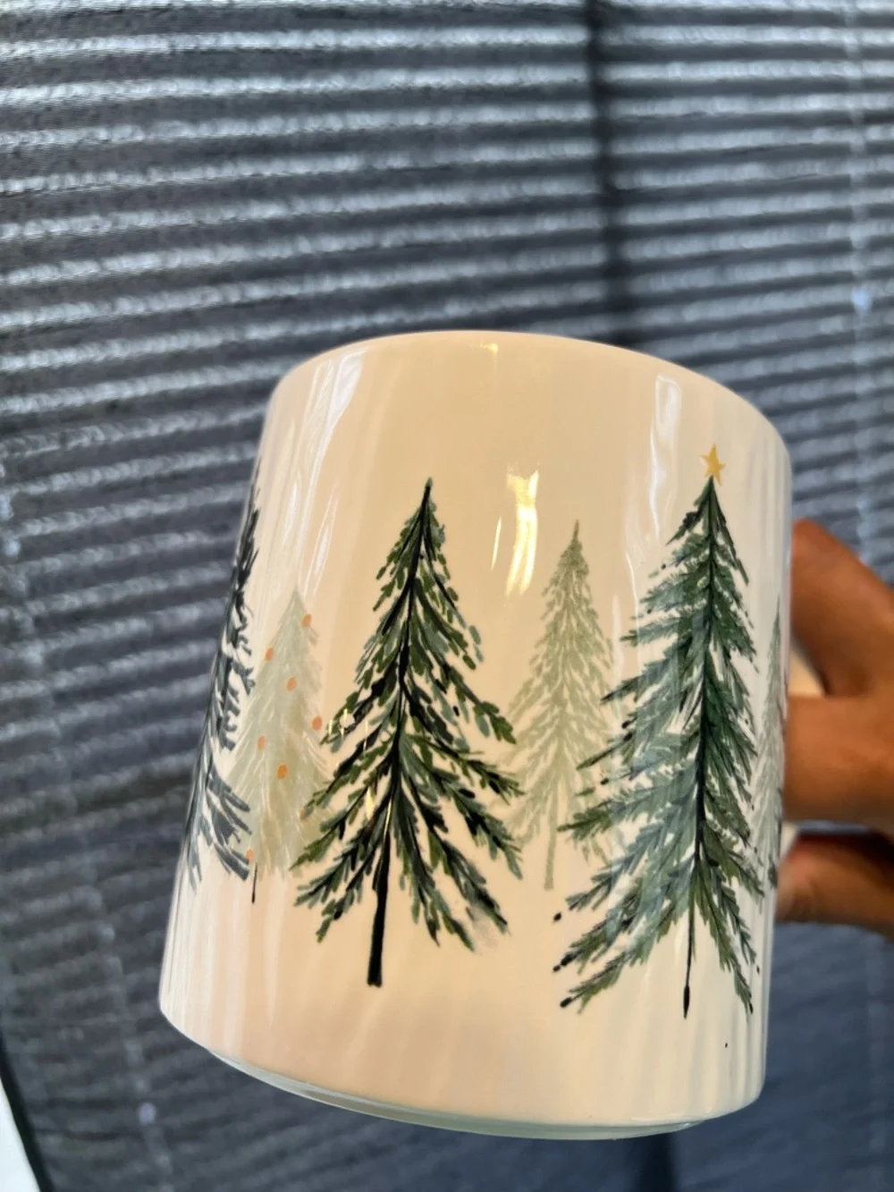 Pier 1 White Ceramic Mug with Green Christmas Tree Design